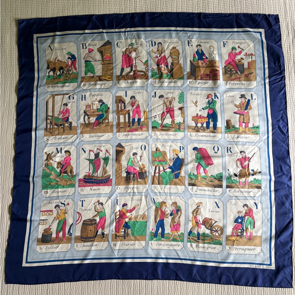 Vintage Hermes Paris  "alphabet” Silk Scarf Blue 35”x35”